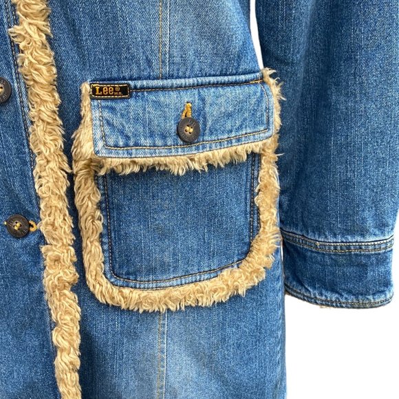 Lee Longline Faux Fur Denim Jean Jacket Cowgirl Western Fall Vintage 90s Faded-M - Picture 3 of 16